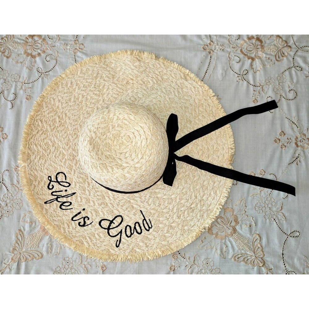 Womens Wide Brim Straw Hat Life Is Good Adjustable Sun Hat Stands Imports - Picture 1 of 4
